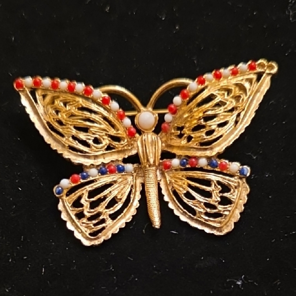 Hobe Vintage Gold Butterfly Brooch with Red and Blue Details